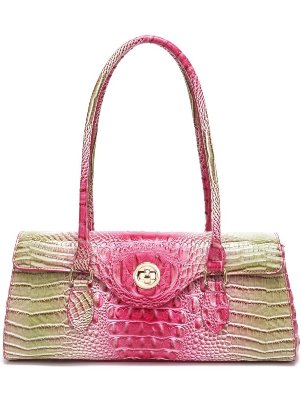 Women's Rose Green Leather Crocodile Pattern Handle Handbag Satchel Tote Purse